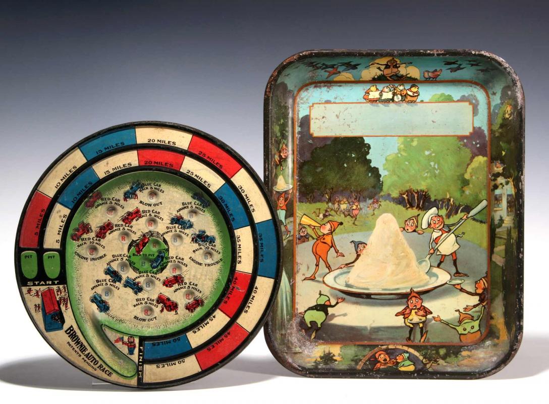EARLY 20TH C. TIN LITHO BROWNIE MARBLE GAME AND TRAY