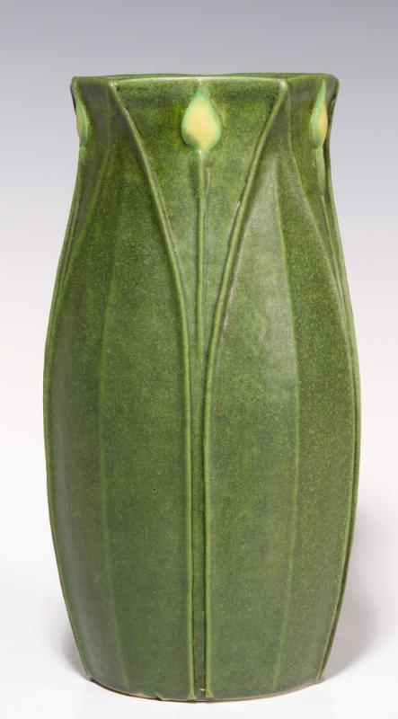 A GREEN MATTE ARTS AND CRAFTS STYLE VASE DATED 1998