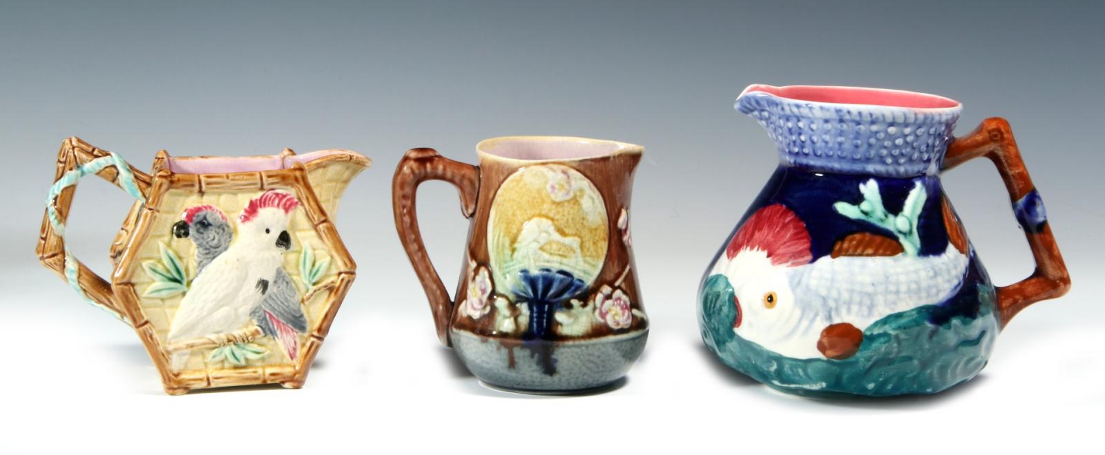 TWO LATE 19TH C. MAJOLICA PITCHERS, PLUS ANOTHER