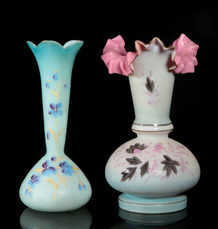VICTORIAN ART GLASS CASED GLASS VASES WITH ENAMEL