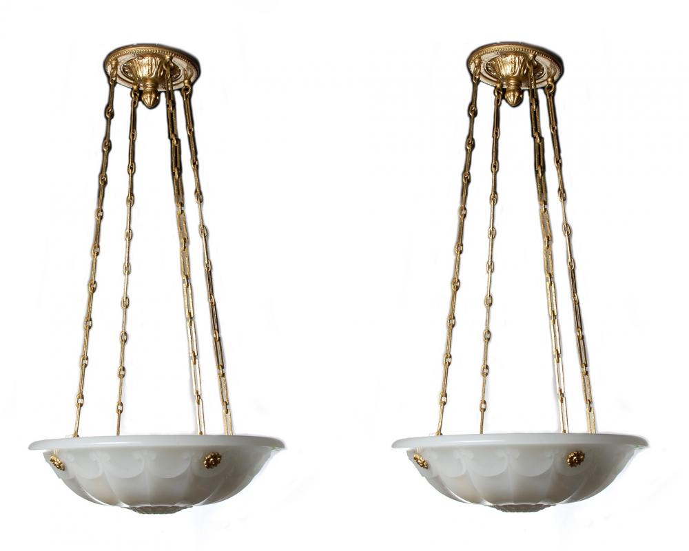 A PAIR EARLY 20TH C. GLASS PLAFONNIER CHANDELIERS