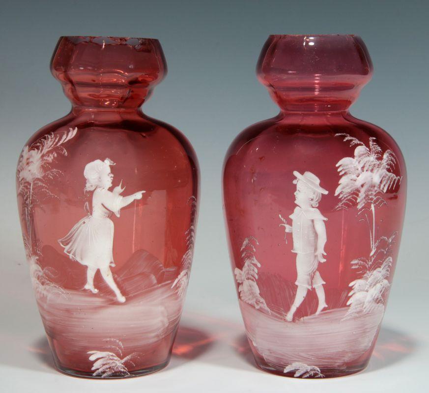 PAIR CRANBERRY VASES MARY GREGORY-TYPE DECORATION