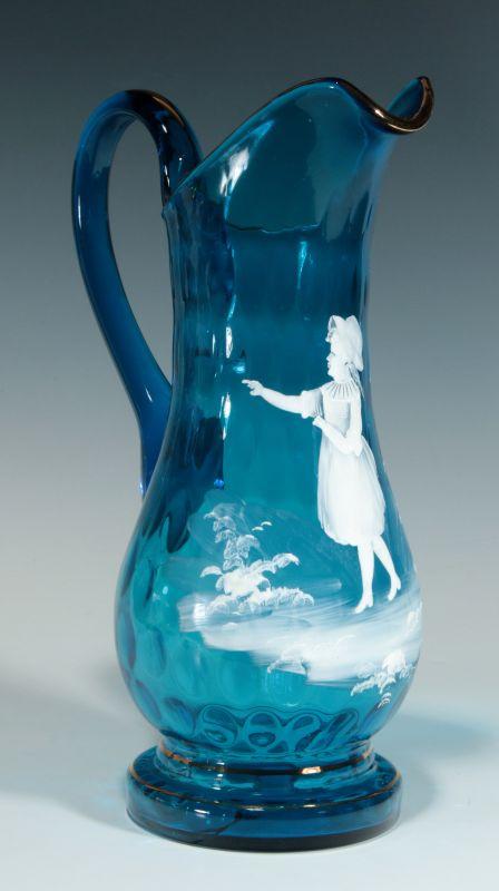 A 19TH C PITCHER WITH MARY GREGORY-TYPE DECORATION