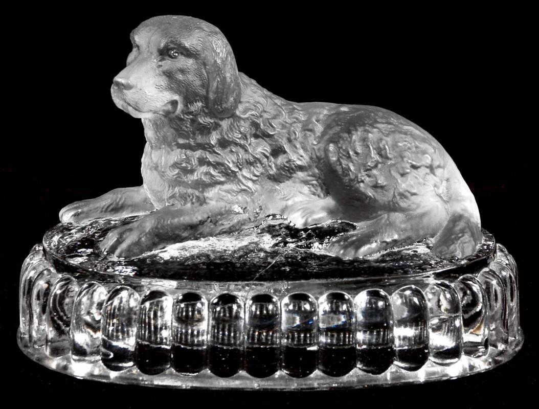 A 19TH C. FROSTED GLASS DOG PAPERWEIGHT 