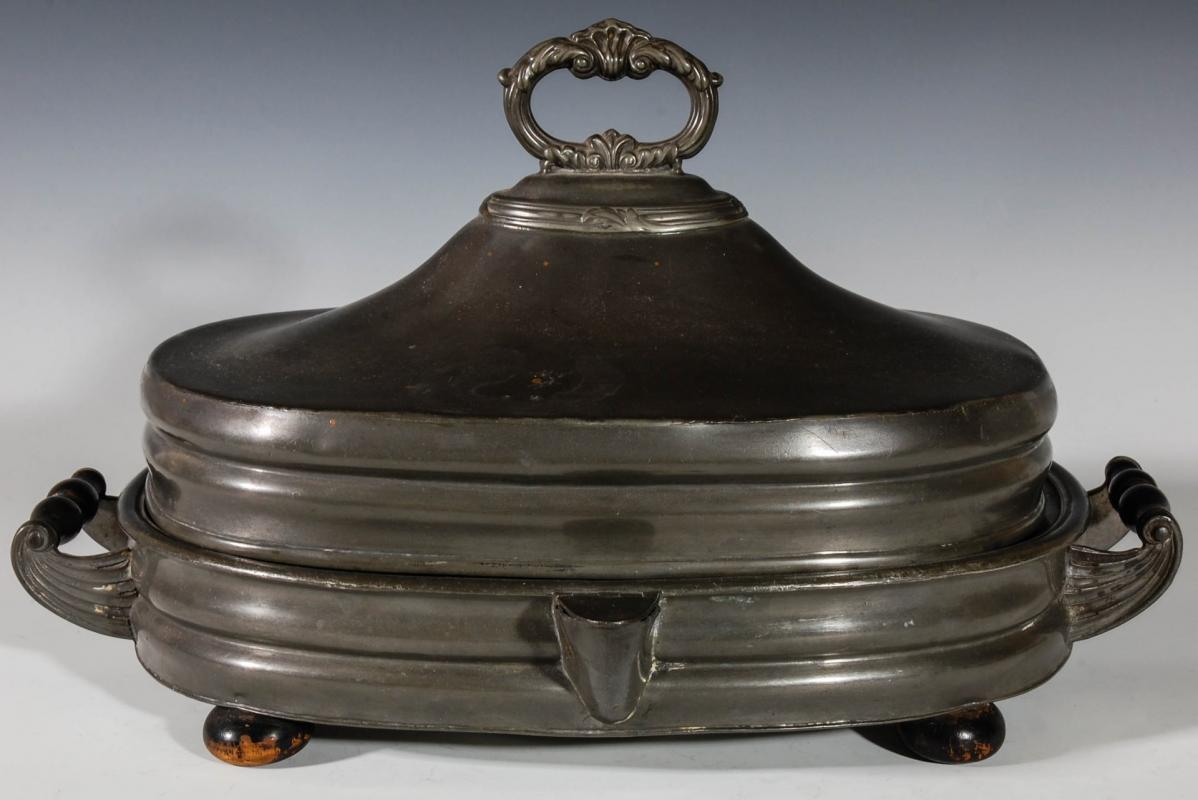 A 19TH C. PEWTER TUREEN WITH WARMING BASE