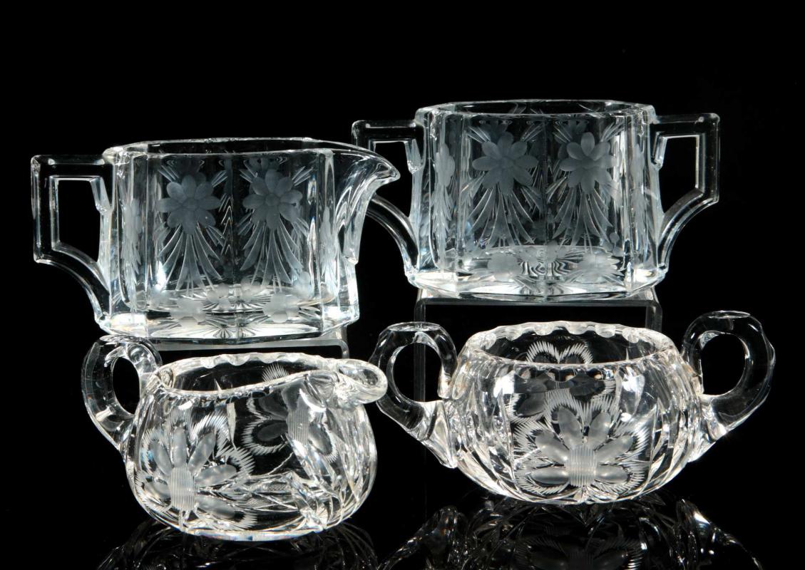 HEISEY AND HOARE ETCHED CRYSTAL CREAMER SUGAR SETS