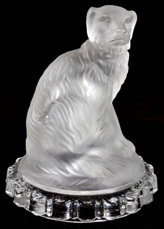 A 19TH C. FROSTED GLASS DOG PAPERWEIGHT