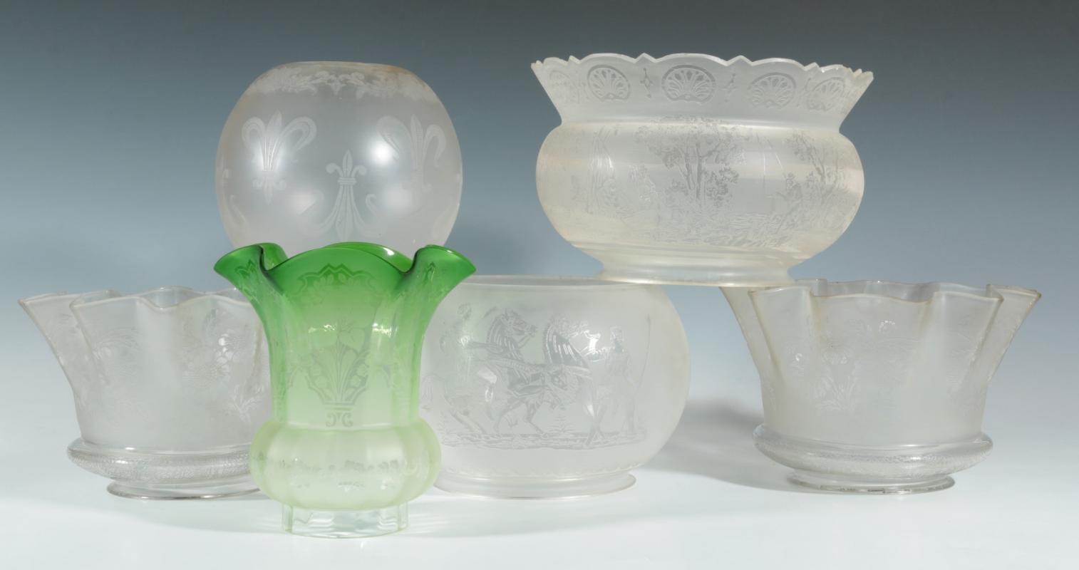 SIX 19TH CENTURY ETCHED GLASS GAS FIXTURE SHADES