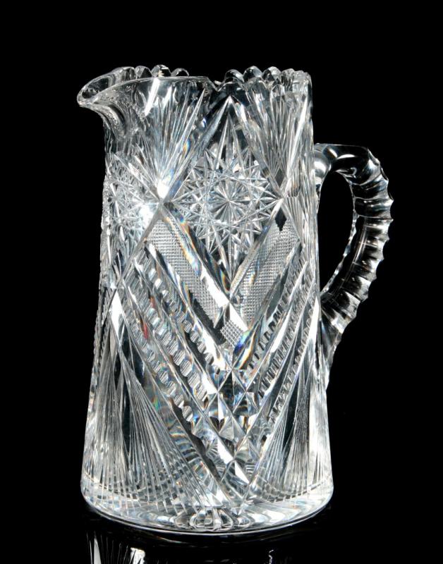 AN ABP TALL CUT GLASS PITCHER SIGNED LIBBEY
