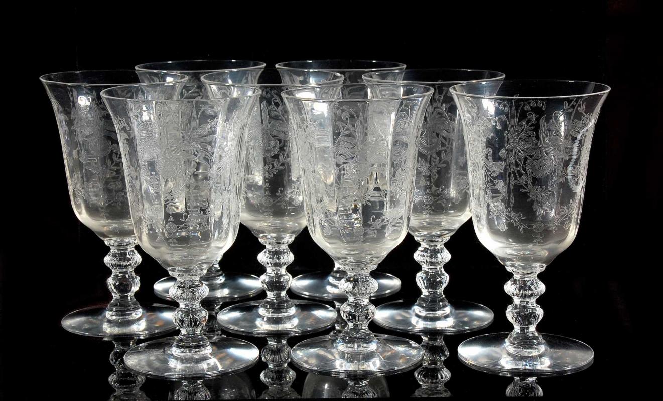 EIGHT HEISEY ORCHID PATTERN LOW WATER GOBLETS