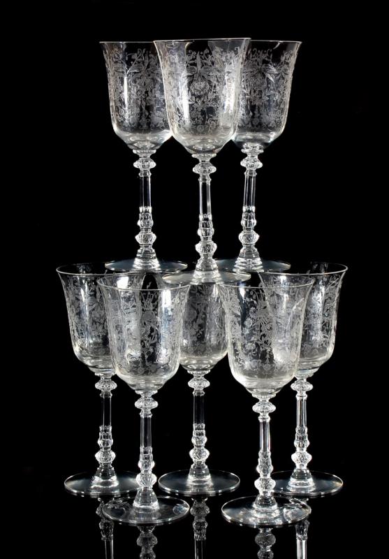 EIGHT HEISEY ORCHID PATTERN WATER GOBLETS