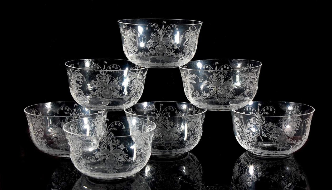 SEVEN HEISEY ORCHID PATTERN FINGER BOWLS