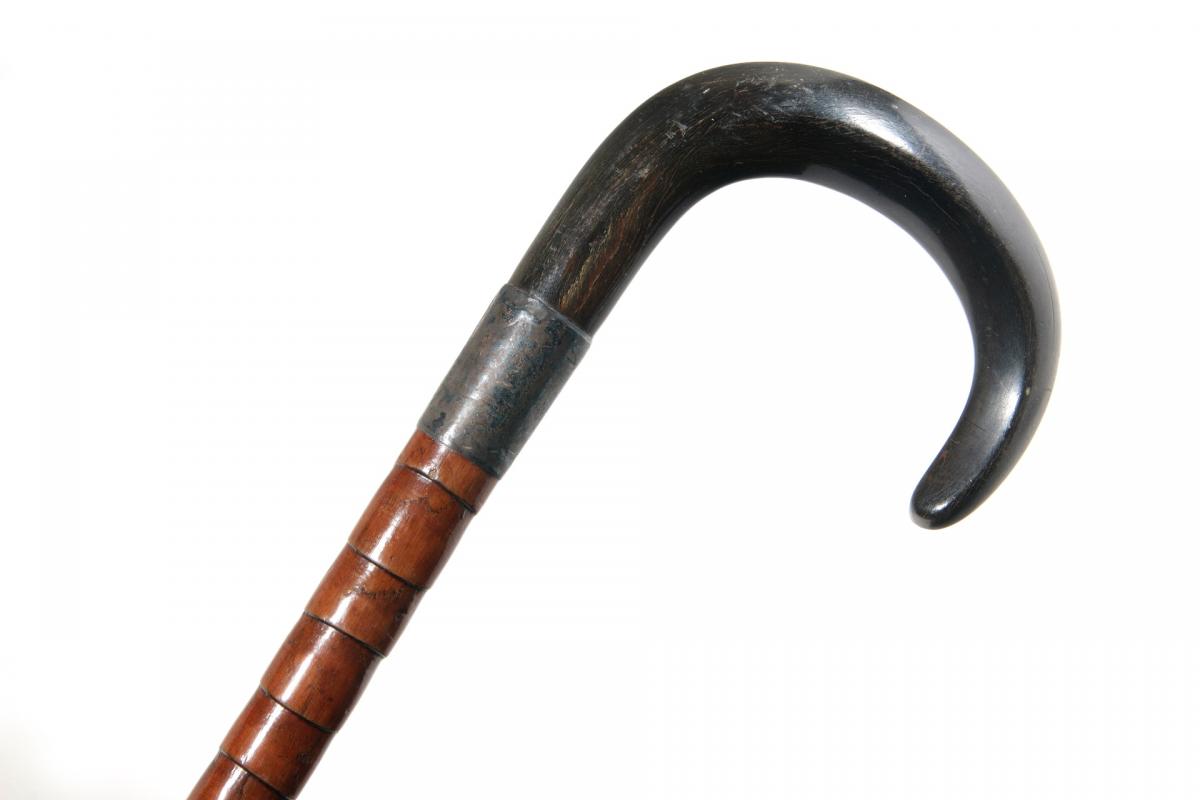 A 19TH CENTURY CANE WITH HORN OR BALEEN HANDLE