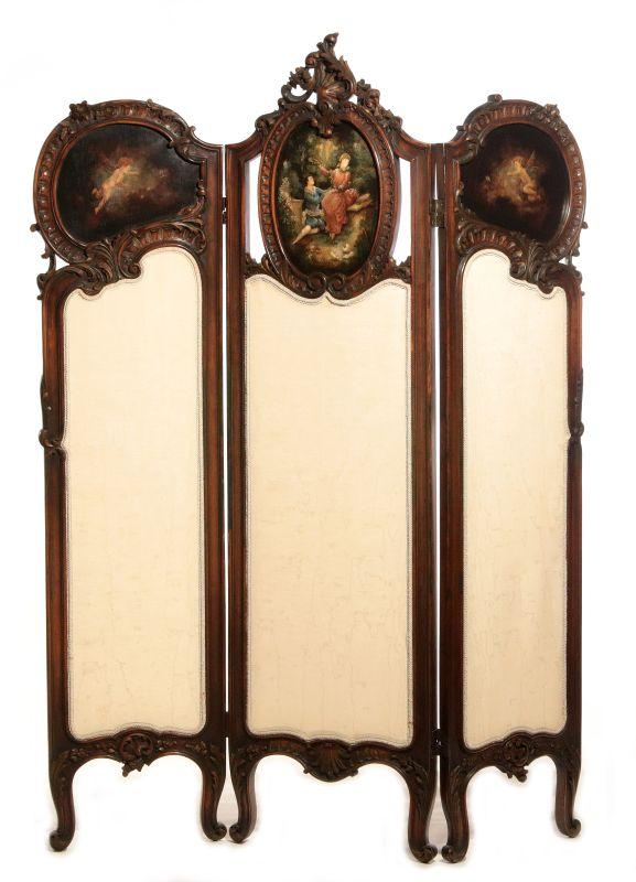 A GOOD C. 1900 FRENCH THREE PANEL DRESSING SCREEN 