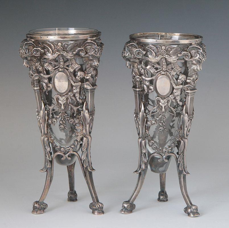 A PAIR CONTINENTAL .800 SILVER AND CRYSTAL VASES