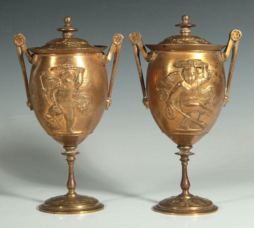 PAIR OF GILT BRONZE CLASSICAL STYLE COVERED URNS