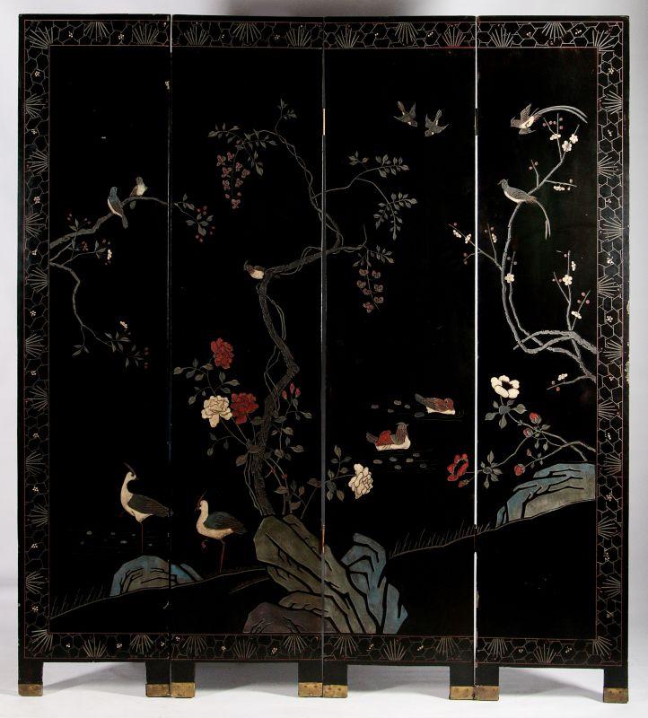 LATE 20THC. FOUR PANEL ASIAN MOTIF LACQUER SCREEN