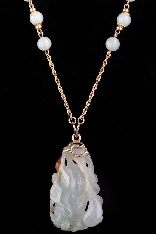 CARVED JADE PENDANT WITH 14K GOLD NECKLACE