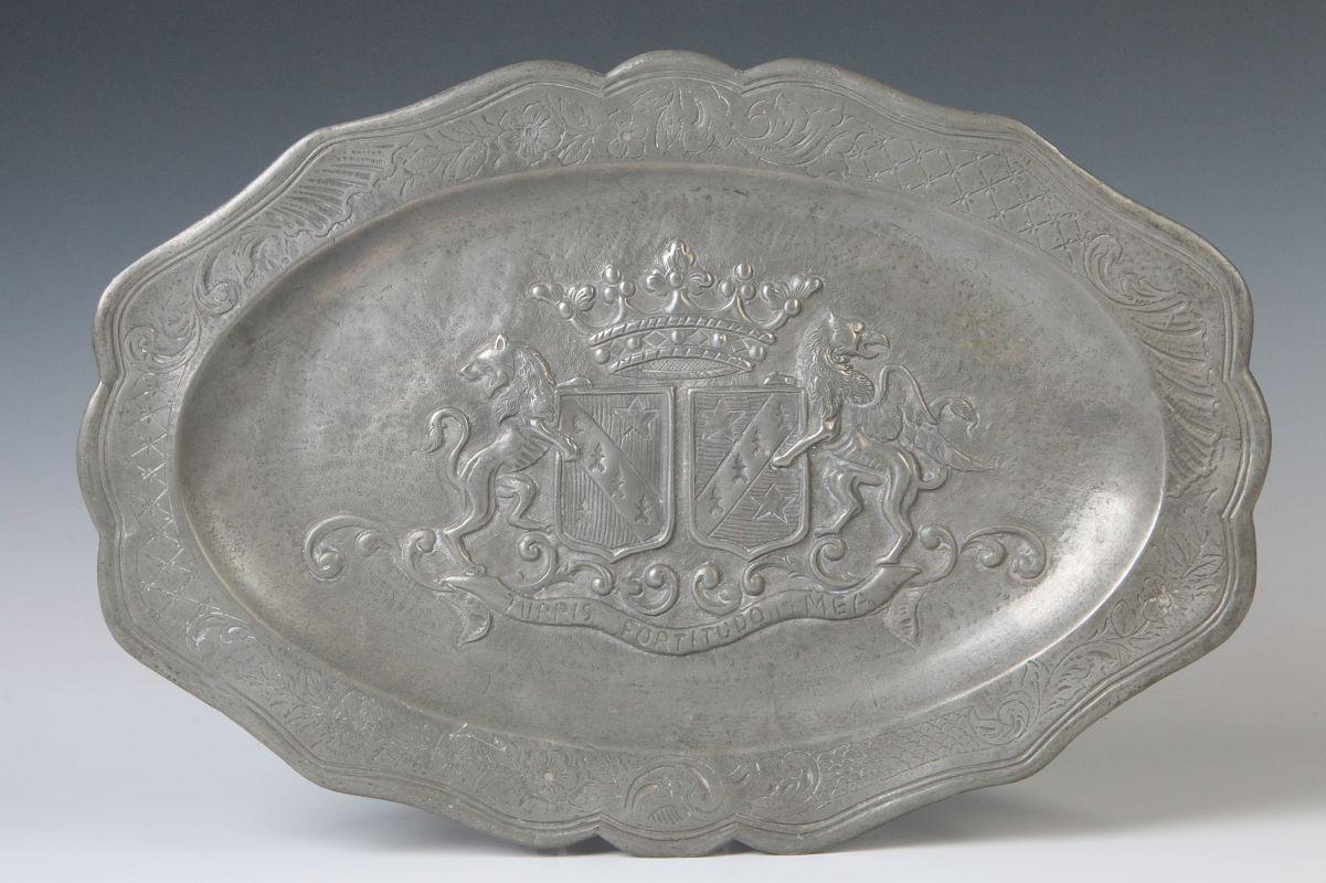 A 19TH CENTURY FRENCH PEWTER HERALDIC PLATTER