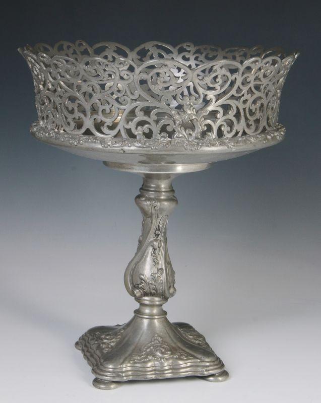 A CIRCA 1900 PEWTER OPEN SCROLLWORK COMPOTE