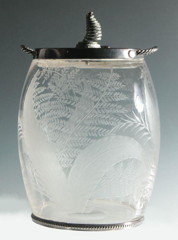 A 19TH C. ETCHED GLASS BISCUIT JAR WITH SILVER 