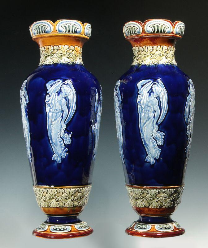 A PAIR OF DOULTON LAMBETH 16-INCH VASES