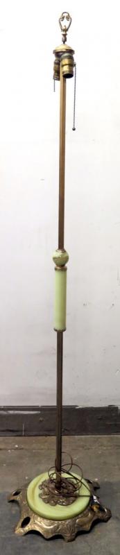 A VINTAGE CAST IRON AND JADEITE GLASS FLOOR LAMP