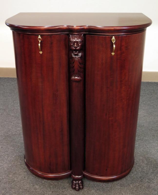 A RARE BOW FRONT PHONOGRAPH DISC CABINET WITH LION