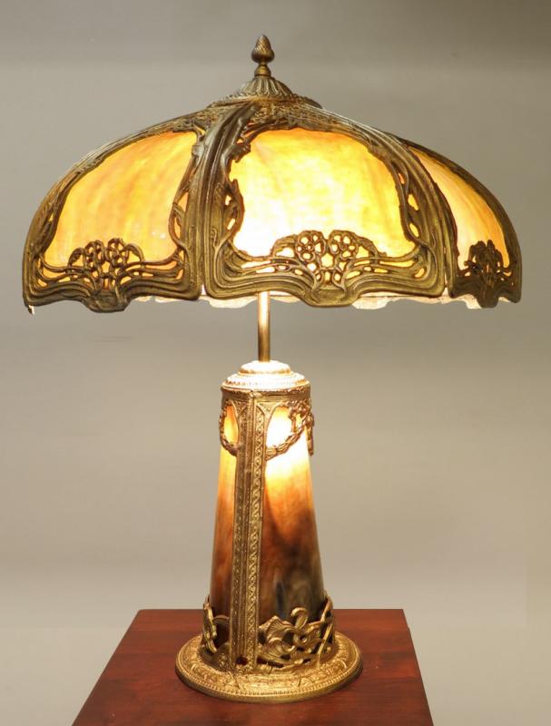 A SLAG PANEL LAMP WITH LIGHTHOUSE BASE ATTR PITTSB