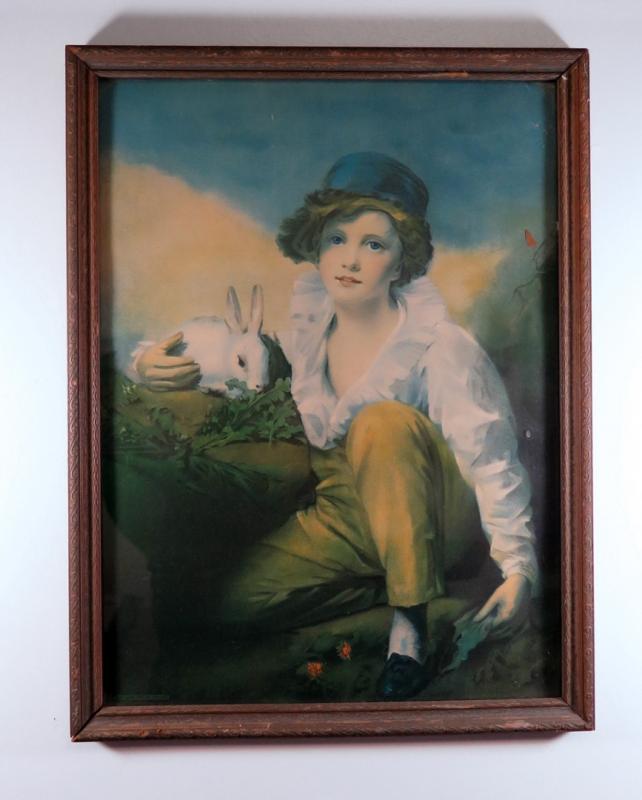 A CIRCA 1930S FRAMED PRINT OF BOY AND RABBIT 