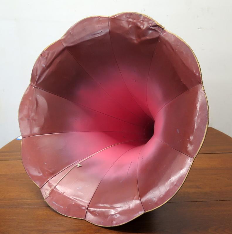 A RED AND PINK TIN MORNING GLORY PHONOGRAPH HORN