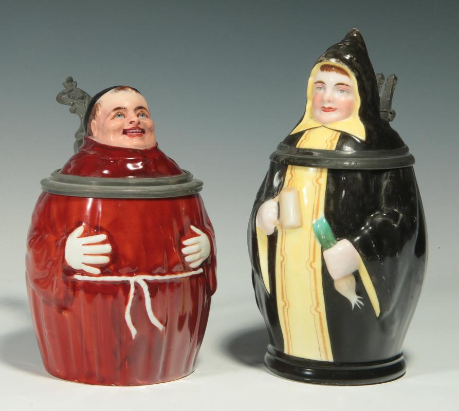 TWO CIRCA 1900 MONK FIGURAL PORCELAIN BEER STEINS