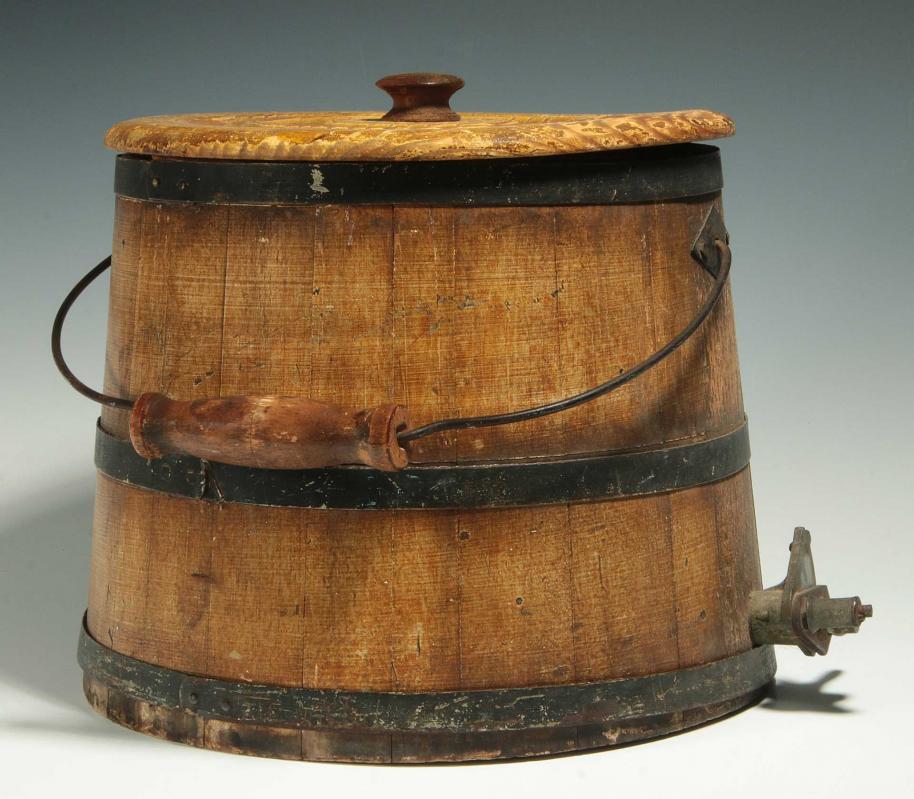 A 19THC. GRAIN PAINTED STAVE-MADE PAIL W/ SPIGOT  