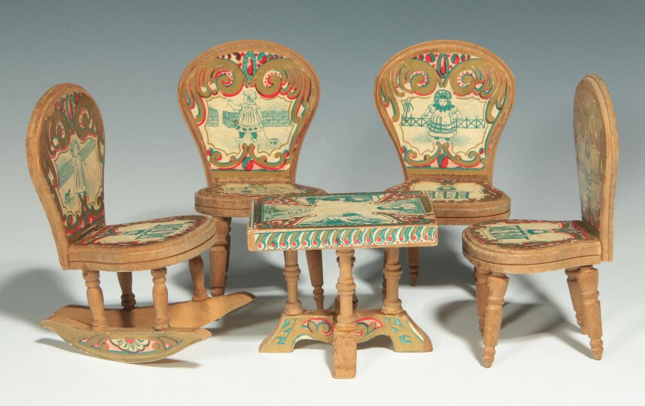 A BLISS DOLLHOUSE PAPER LITHO TABLE AND CHAIR SET