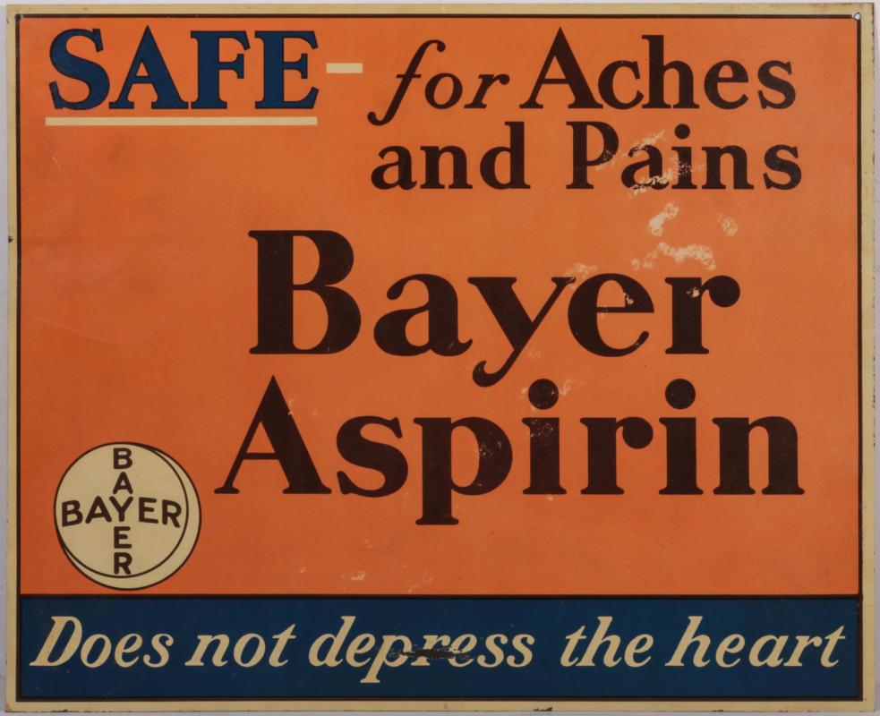 A CIRCA 1935 BAYER ASPIRING TIN ADVERTISING SIGN