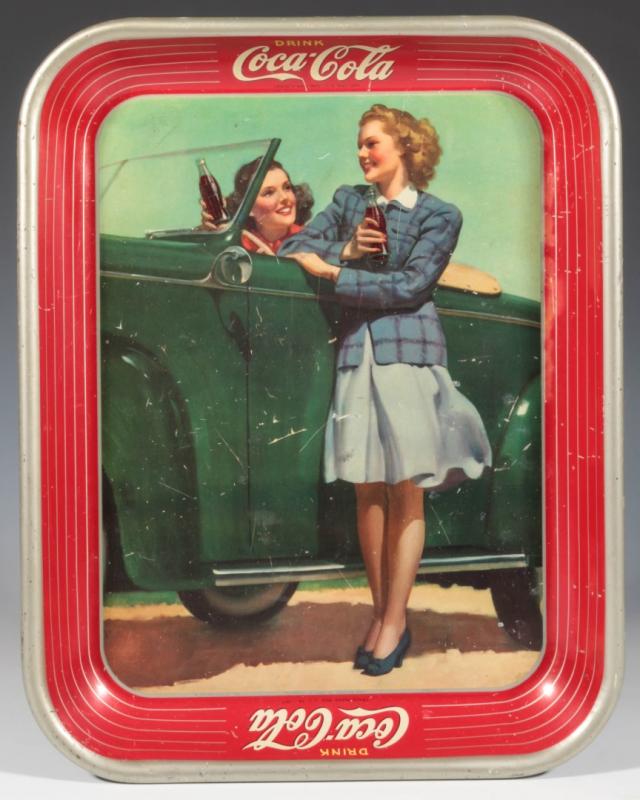 A 1942 COCA COLA TRAY TWO GIRLS AT AUTOMOBILE