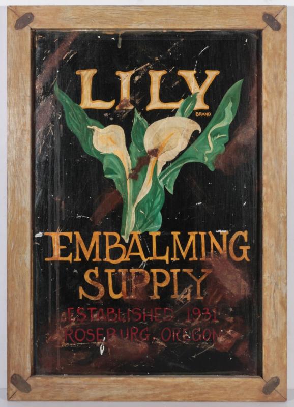 HAND PAINTED SIGN LETTERED 'LILY EMBALMING SUPPLY'
