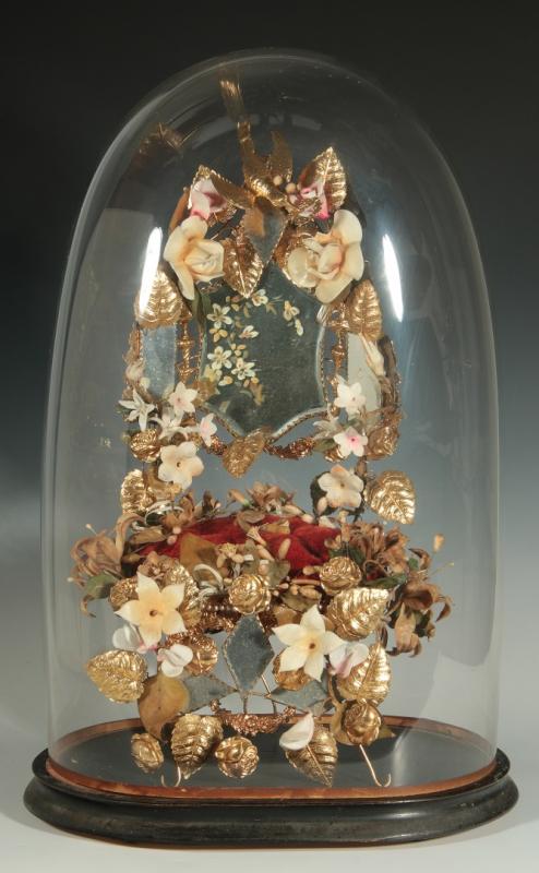 A 19TH C. BRIDE'S DOME WITH MIRROR AND FLORALS