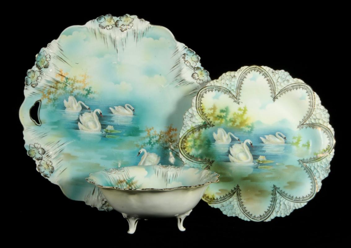 THREE PIECES RS PRUSSIA 'FOUR SWANS' PORCELAIN
