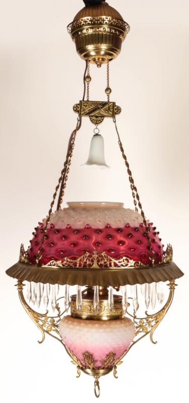 RARE 19TH C. HALF CRANBERRY OPALESCENT SHADE LAMP