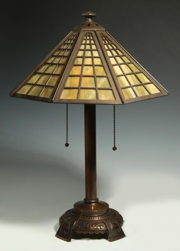 A BRADLEY AND HUBBARD PATINATED METAL PANEL LAMP