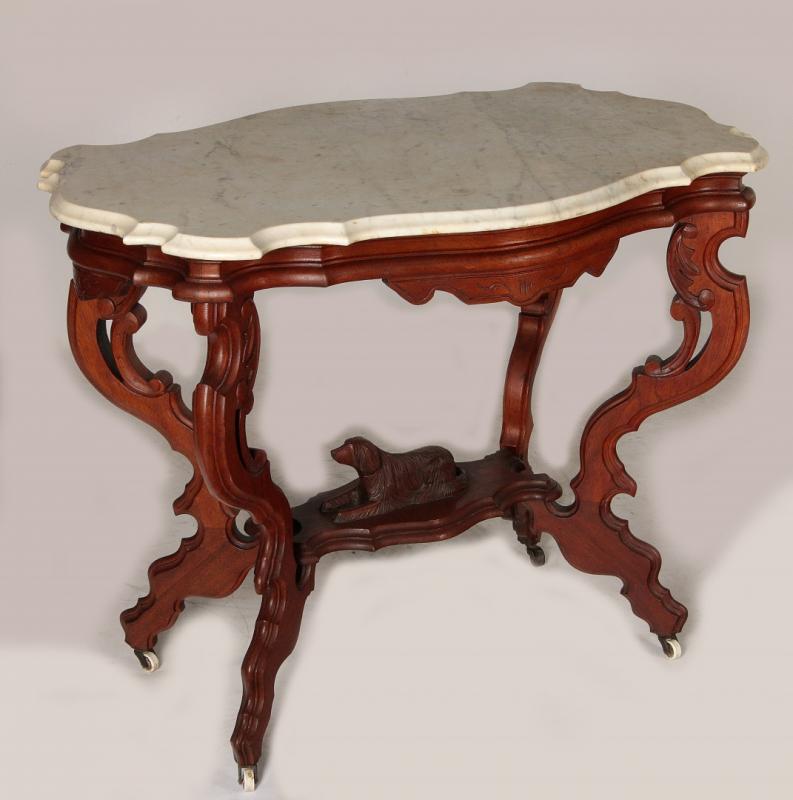 A 19THC. AMERICAN WALNUT MARBLE TOP TABLE WITH DOG