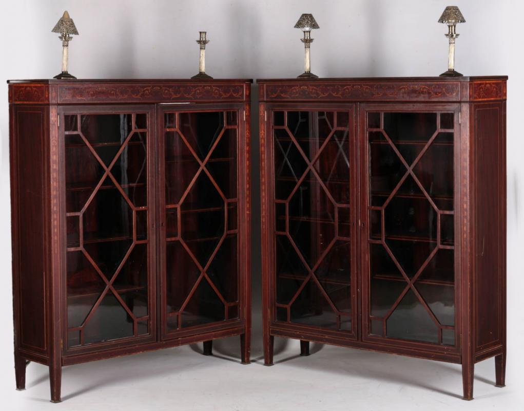 A PAIR EDWARDIAN TWO-DOOR BOOKCASES WITH MARQUETRY