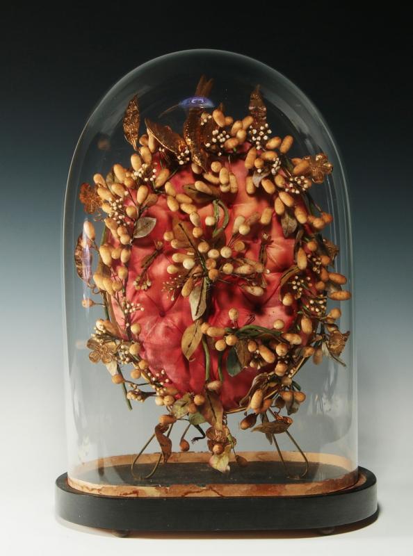 A 19THC. FRENCH MARRIAGE DOME WITH WAX BERRY CROWN