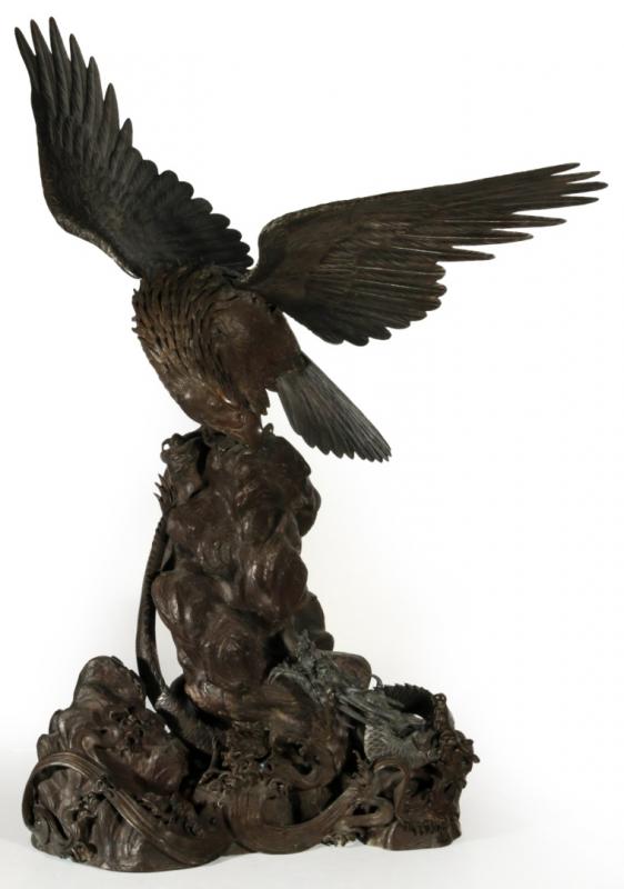 A MONUMENTAL 19C. CHINESE BRONZE EAGLE WITH DRAGON