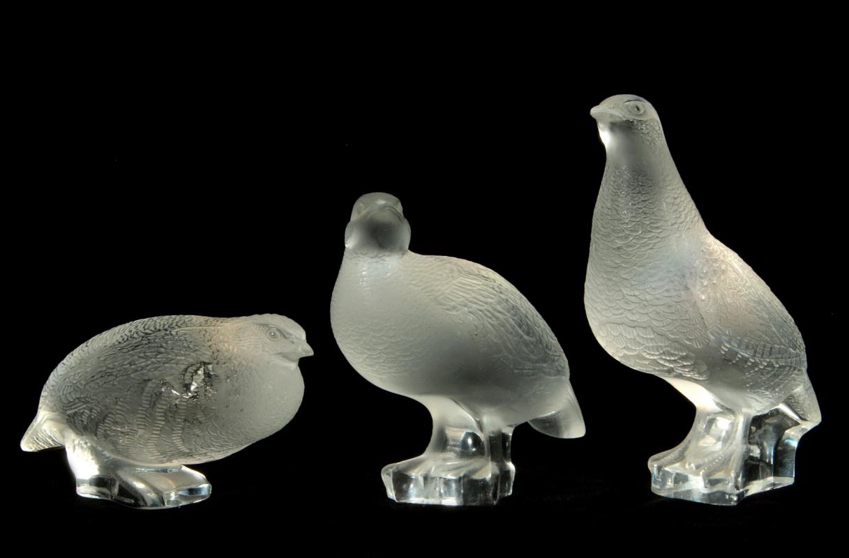 THREE LALIQUE FRENCH CRYSTAL PARTRIDGE FIGURES