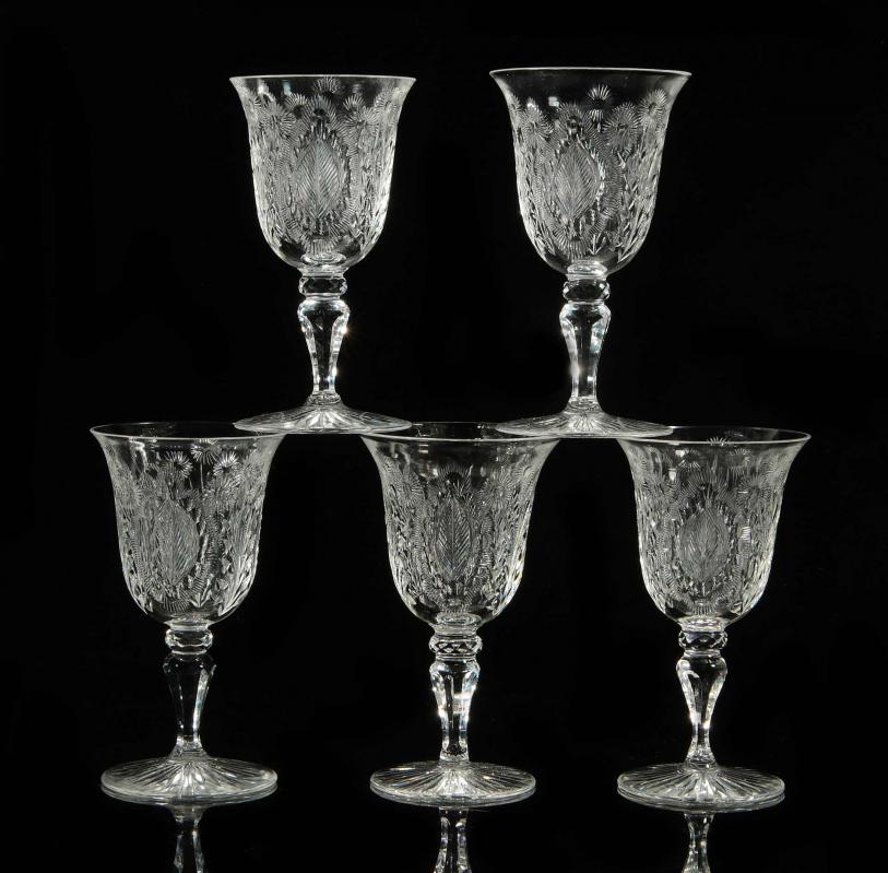 FIVE EXCEPTIONAL CUT GLASS ENGRAVED STEMS