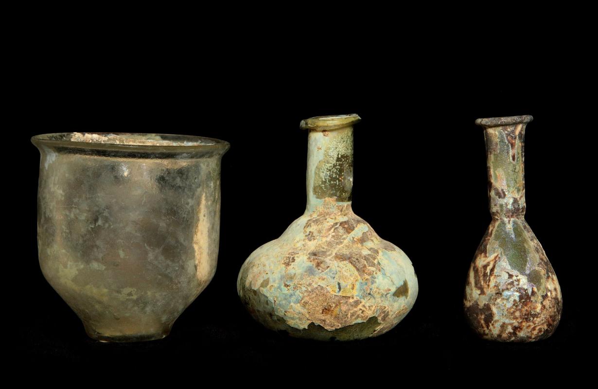 THREE ANCIENT ROMAN GLASS TYPE VESSELS