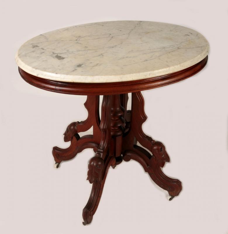 A 19TH C. AMERICAN WALNUT PARLOR TABLE WITH MARBLE