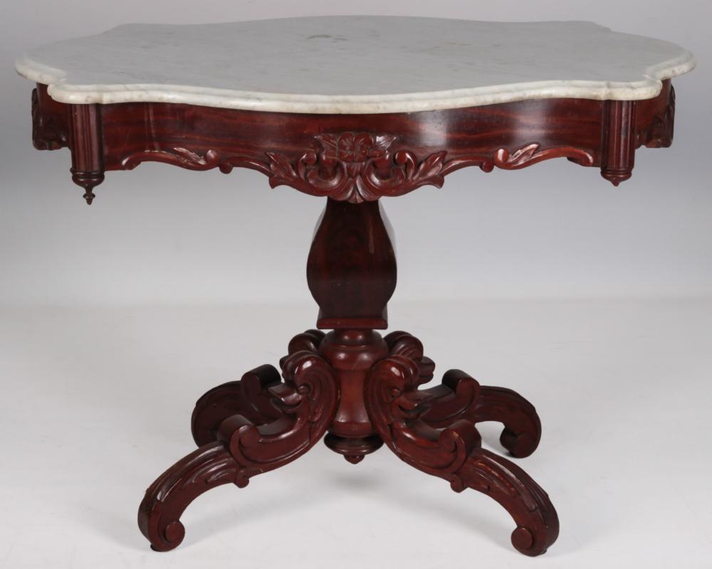 A 19TH C. AMERICAN PARLOR TABLE WITH MARBLE